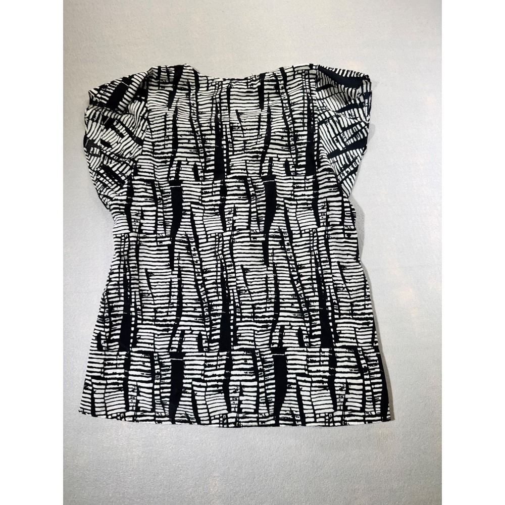 Pants Store Womens Black White Abstract Print Blouse Flutter Sleeve V Neck Top M - Picture 2 of 7